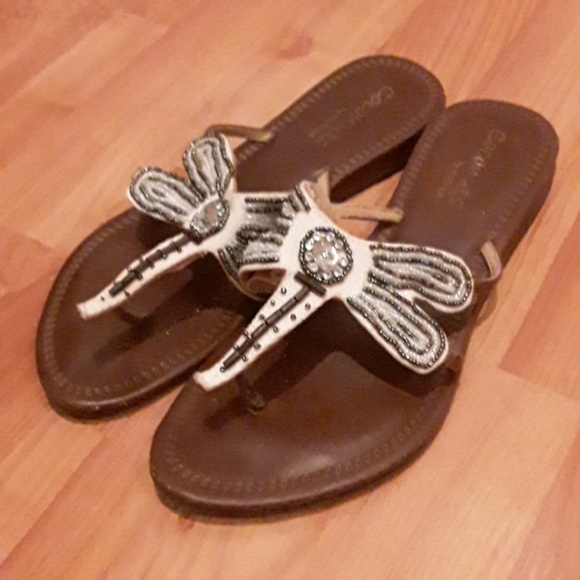 ⚡Black & Whiite Beaded Leather Sandals - Picture 2 of 7